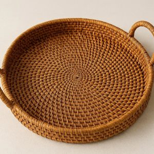Round Rattan Woven Tray with Handles for Boho Home Decor