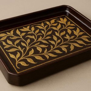 15 Lacquered Wooden Tray with Gold Leaf Inlay and Raised Edges